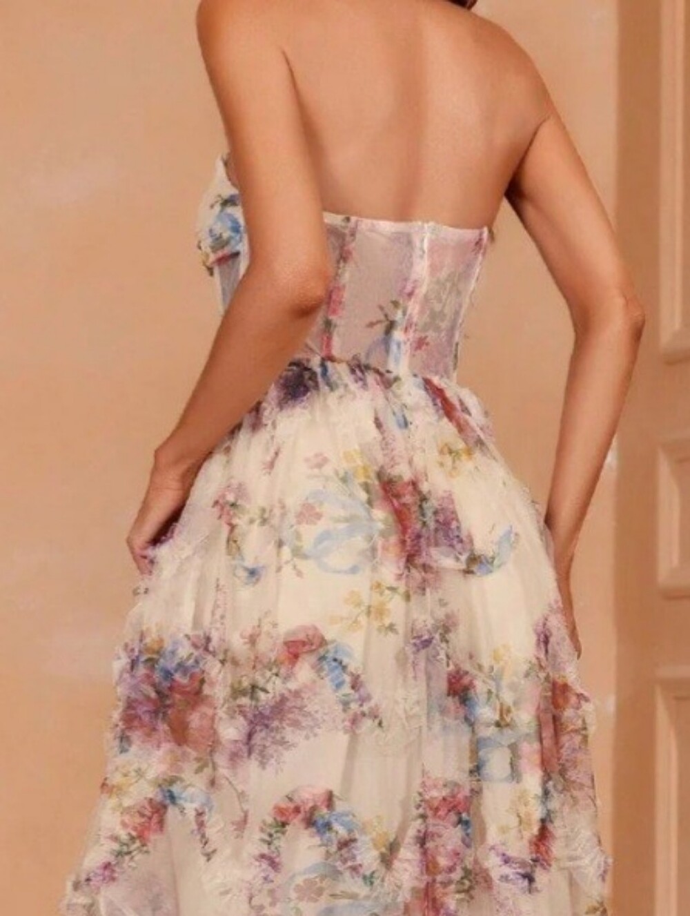 Faeriesty Ruched Bustier Ruffle Trim Hem Floral Print Tube Maxi Dress Size 1XL - Picture 9 of 16